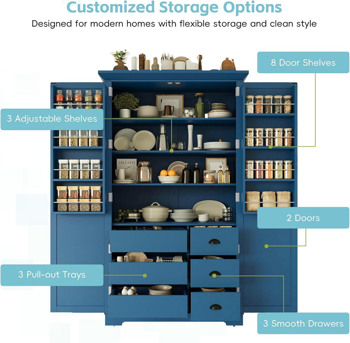LUMISOL Kitchen Pantry with Drawers, 72" Tall Freestanding Cupboard Storage Cabinets with Door Shelves & Pull-Out Trays, Dining Storage Cabinet Cupboard with Adjustable Shelves, for Dining Room, Blue