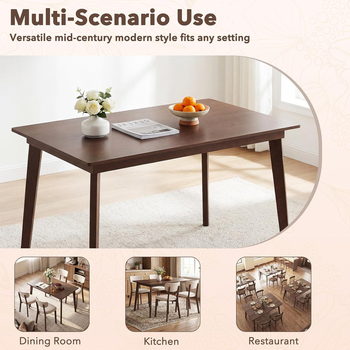 Giantex Dining Table for 4, 48" Rectangular Wooden Kitchen Table with Solid Rubber Wood Legs, Mid Century Modern Dinner Table for Dinette, Living Room, Home Office (Brown)