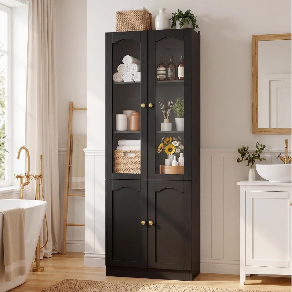 Cyclysio 80" Tall Pantry Cabinet with 8 Doors, Black Kitchen Pantry Storage Cabinet with Built-in Baseboard Notch & Adjustable Shelves – Kitchen Storage Cabinet for Dining, Living Room, Office