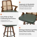 Swivel Counter Stools with Arms, Kitchen Island Stools with Rattan Back | Walnut Bentwood Frame, Curved Arms, Upholstered Seat, Adjustable Bamboo Legs, Counter Top Stools for Island, Pub, Kitchen