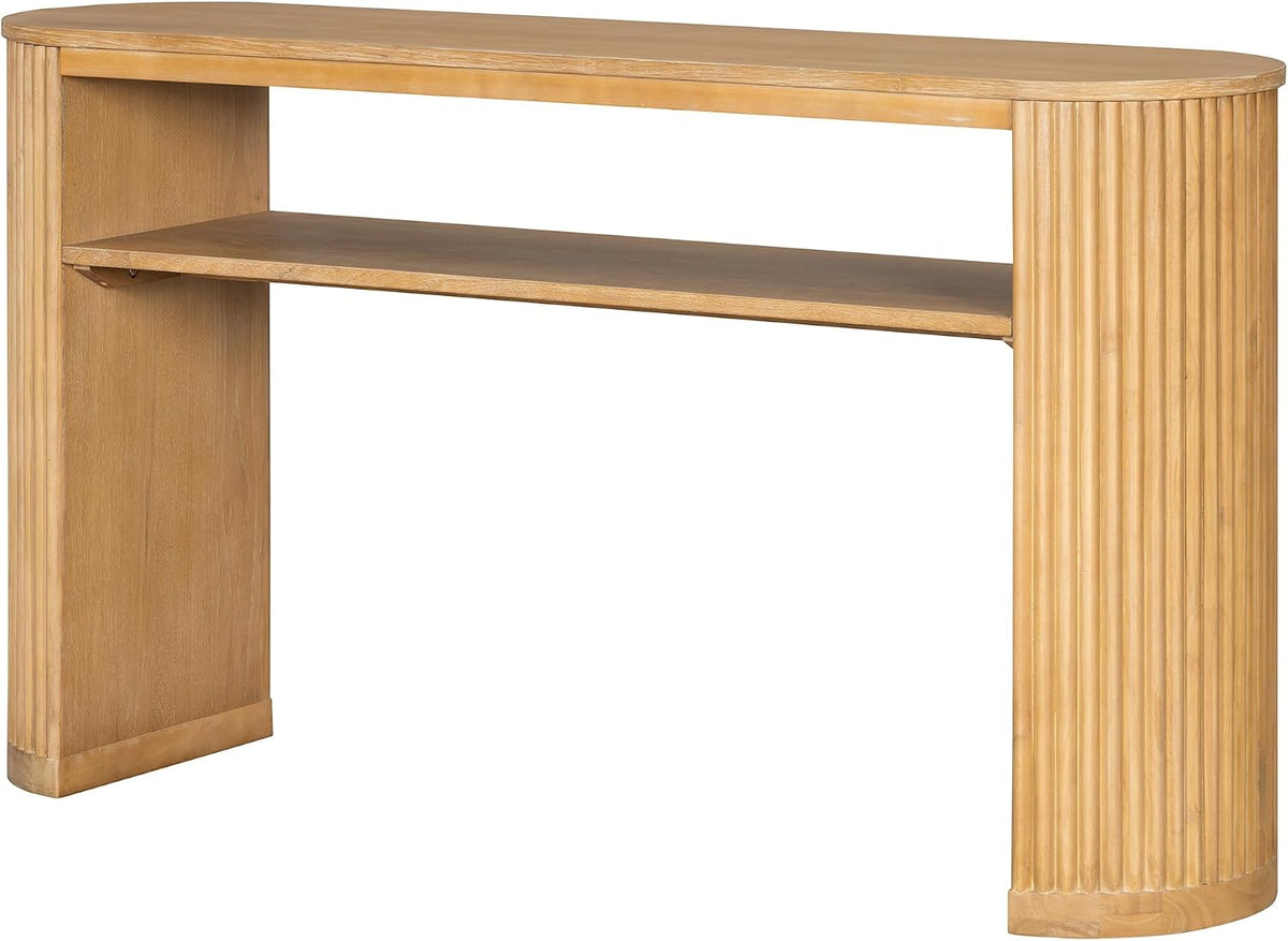 Vintage Farmhouse Console Table with Fluted Legs & Ash Veneer Top - Oval Entryway Sofa Table, Rustic Accent with Open Storage Shelf, Distressed Finish Options (Natural9)