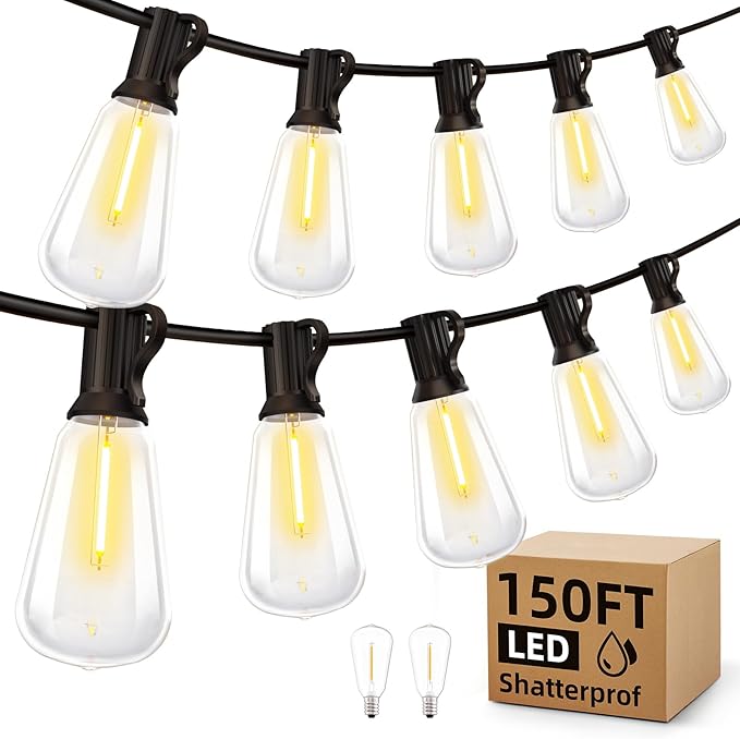 Outdoor String Led Patio Lights - 150Ft 45M Outside Waterproof Light ST38 Shatterproof Bulb Connectable Hanging Outdoor Electric Lighting for Backyard Yard Gazebo Porch Party