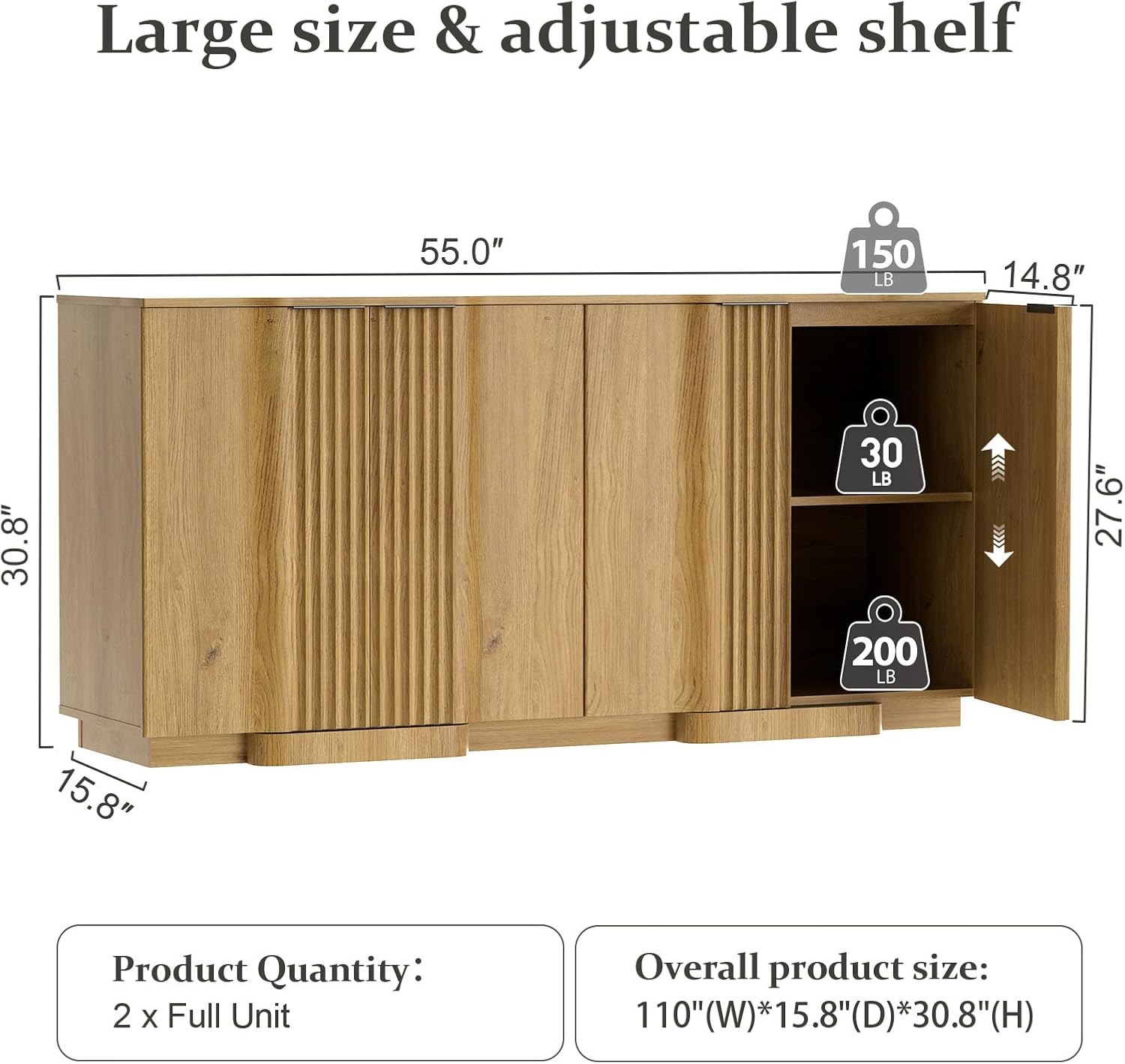 Brafab Buffet Cabinet, 110" Modern Farmhouse Accent Sideboard Cabinet with 8 Doors, Wood Fluted Credenza for Living Room and Kitchen, Natural Oak