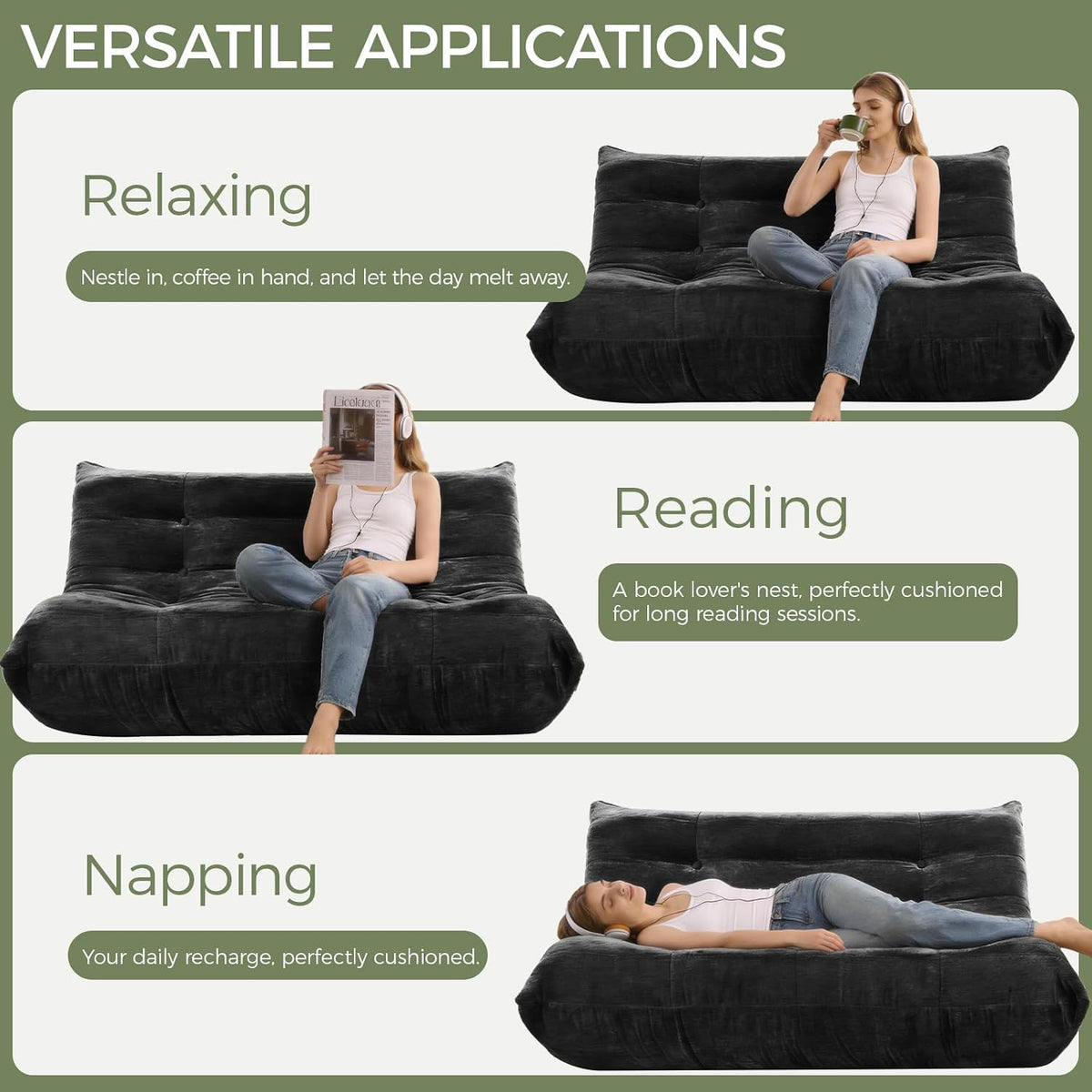 SUYOLS Bean Bag Chair, Loveseat Fireside Chair Large Bean Bag Sofa for Adults, Memory Foam Two Seater Couch Gaming Chairs with Comfy Design, Lazy Floor Sofa for Living Room, Bedroom, Dark Gray