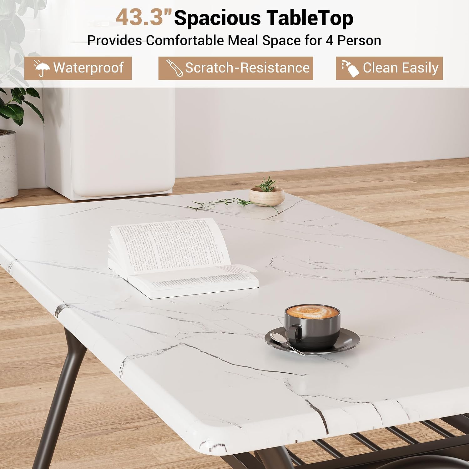 5-Piece Dining Table Set for 4, Modern Kitchen Table with 4 Boucle Chairs, Rectangular Dining Table with Storage Shelf & Marble Tabletop, Beige Home Dining Furniture for Small Space, Beige+White