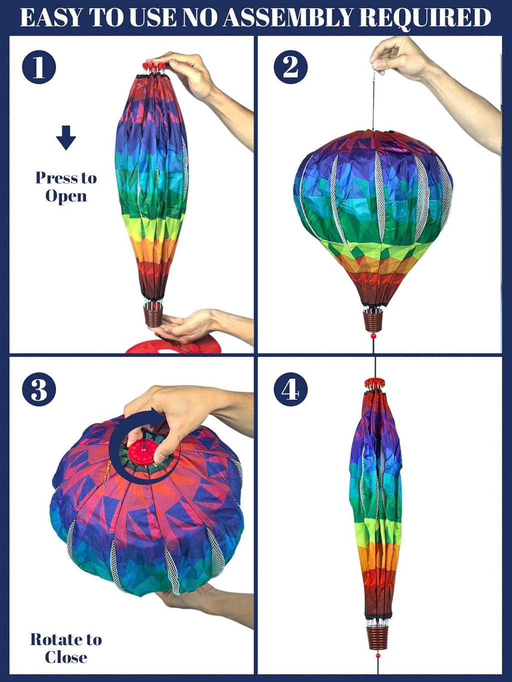 2PCS Giant Rainbow Hot Air Balloon Wind Spinners 14" W x 59" H Large Multicolor Whirligig Wind Spinner Hanging Ornaments for Yard Garden Lawn Outdoor Decorations (Multicolor-2)