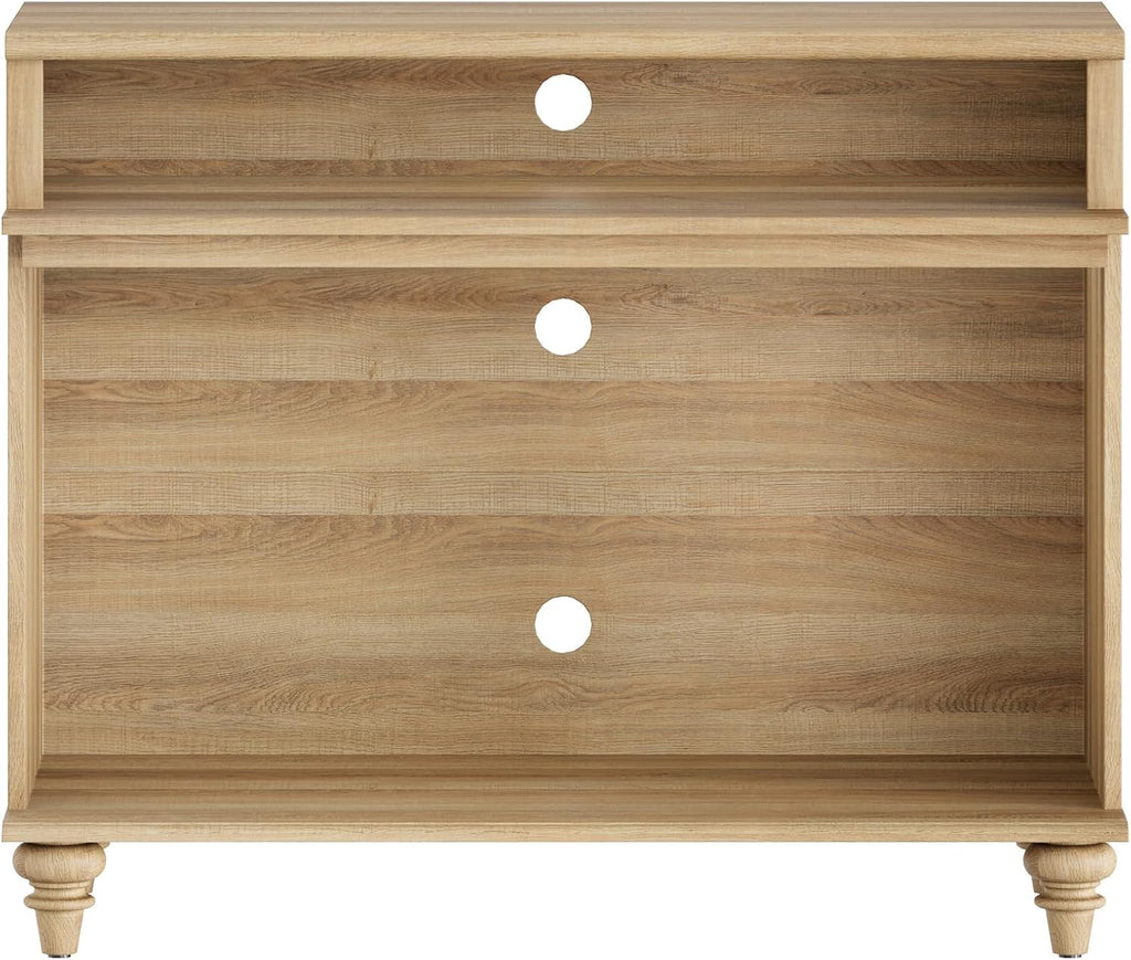 WAMPAT Tall Side Table, Large End Table with 2 Storages for Living Room, Farmhouse TV Stand with Storage Shelf, Oak, 37"