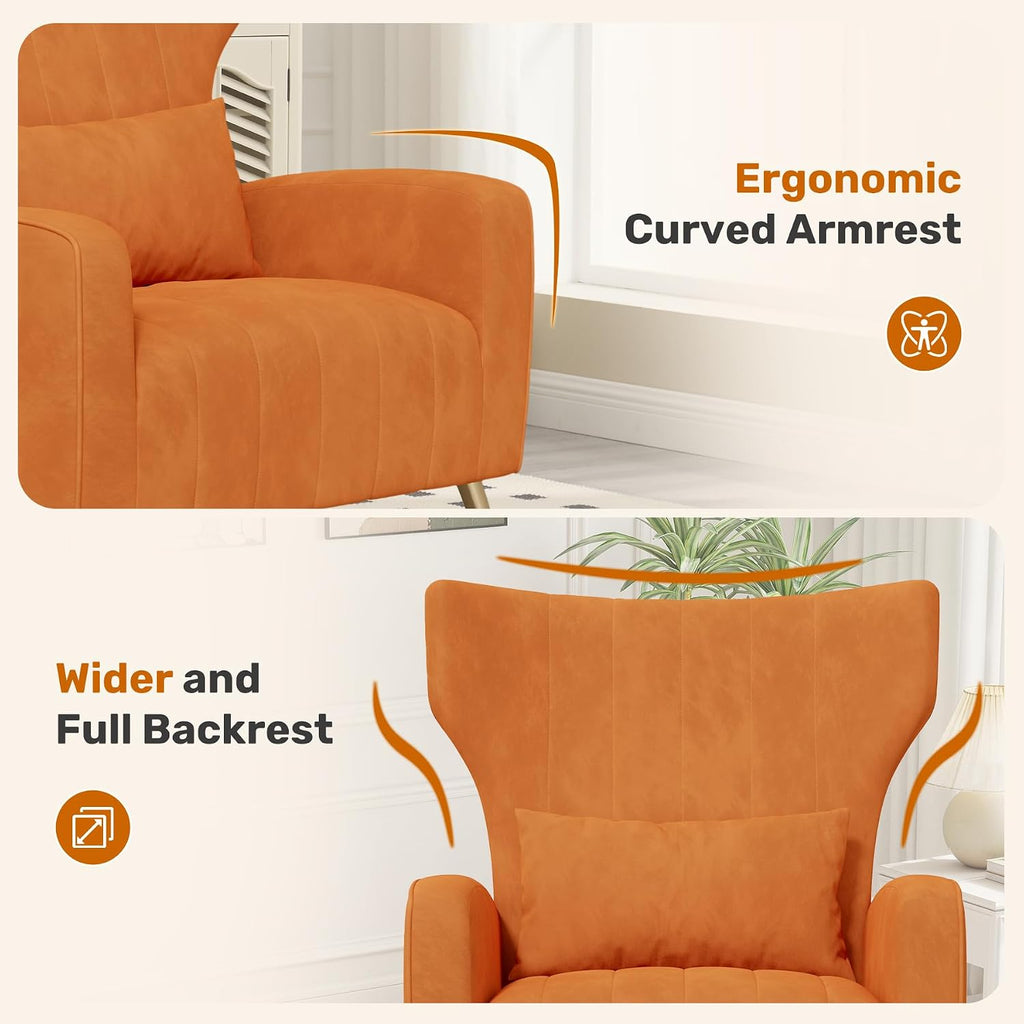Luxanimarion Velvet Accent Chair Wingback for Living Room, High Back Arm Chair with Golden Legs Lumbar Pillow, Upholstered Single Sofa Bedroom Orange