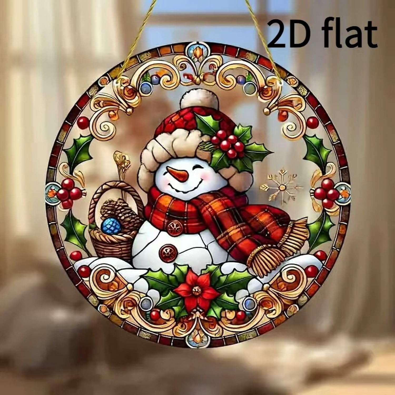 7.87inch Christmas Sun Catcher for Window Hanging with Snowman Designs Round Acrylic Hanging Suncatcher for Garden Decor ，Wall Home, Kitchen, Housewarming Women Neighbor Winter Xmas Decor Gifts
