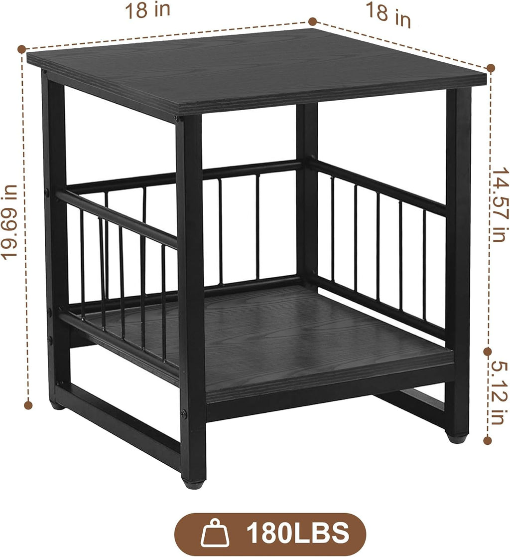 End Table, Industrial Side Table with 2-Tire Storage Shelf, 180LBS Mini Fridge Stand with Adjustable Feet, 18"x18" Wood Night Stand Small Bedside Table with Sturdy Metal Frame for Living Room Bedroom