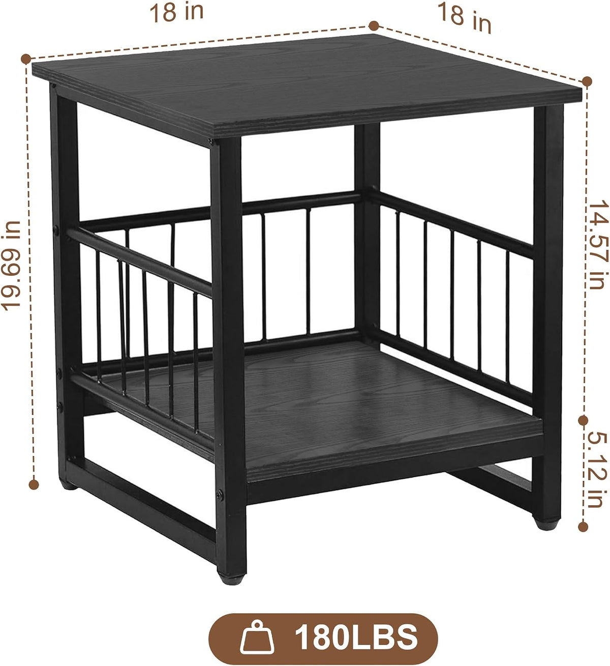 End Table, Industrial Side Table with 2-Tire Storage Shelf, 180LBS Mini Fridge Stand with Adjustable Feet, 18"x18" Wood Night Stand Small Bedside Table with Sturdy Metal Frame for Living Room Bedroom