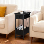 Long Narrow Side Tables Set of 2 with Charging Station, Slim Nightstand with Drawer and Fabric Basket, Skinny End Table for Living Room, Bedroom, Small Spaces, Black