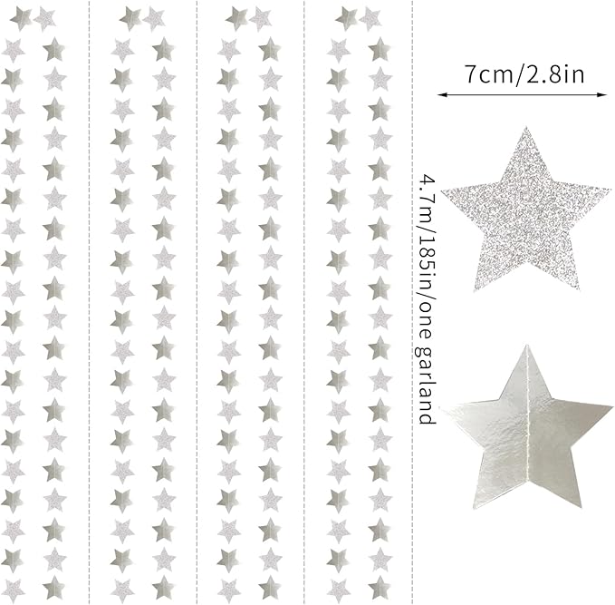 Glitter-Silver Party-Decorations Star Christmas Garland - 62ft Birthday Twinkle Little Star Hanging Streamers Banner,Bachelorette Engagement Wedding New Years Supplies Decor Hugtmr