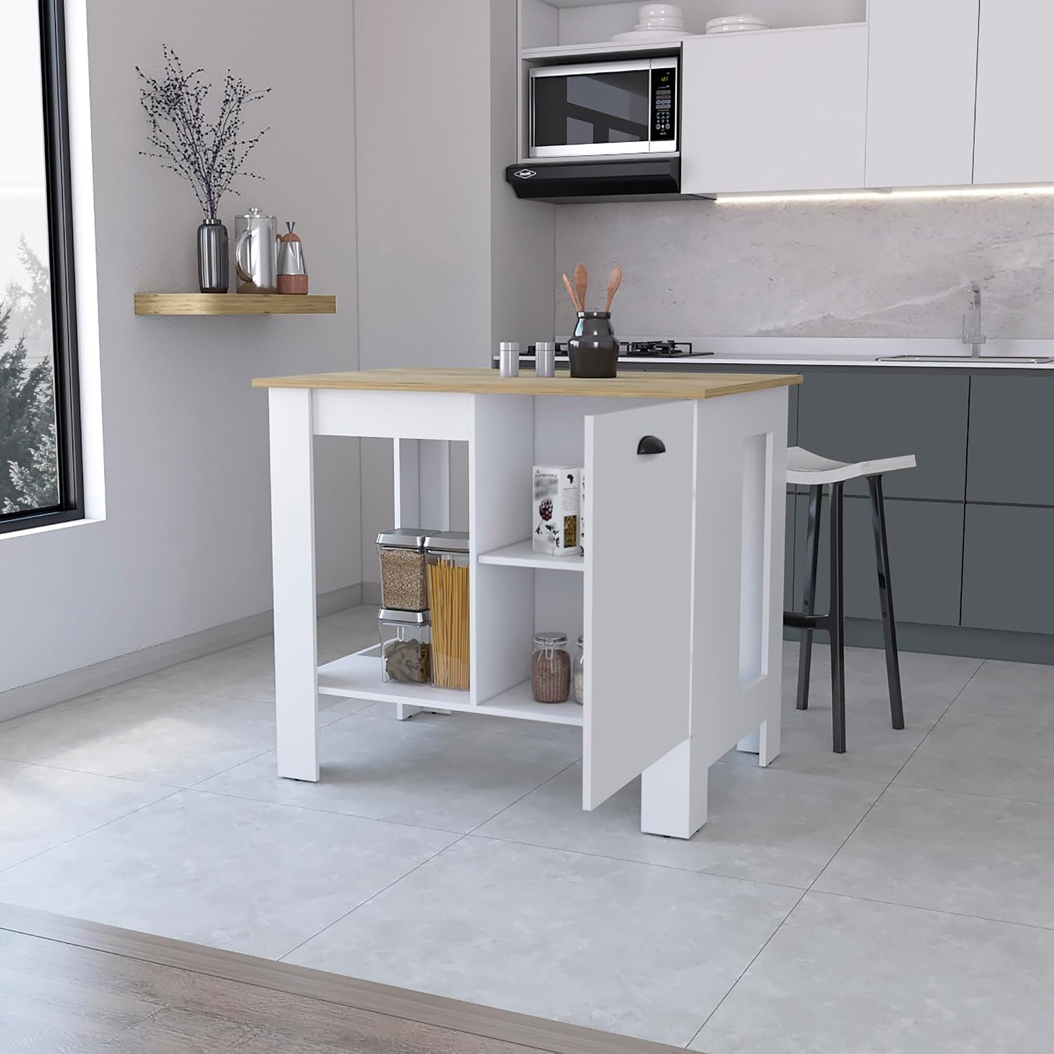 Kitchen Island with Single Door and Lower Open Shelf | Includes single door with two interior shelves and open-side shelf for storage