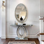2 Piece Mirrored Console Table & Oval Wall Mirror Set, 39.5" Silver Entryway Sofa Table with Crystal-Inlaid Olive-Shape Base and Crush Diamond Round Wall Mirror Set for Entryway Hallway Entrance