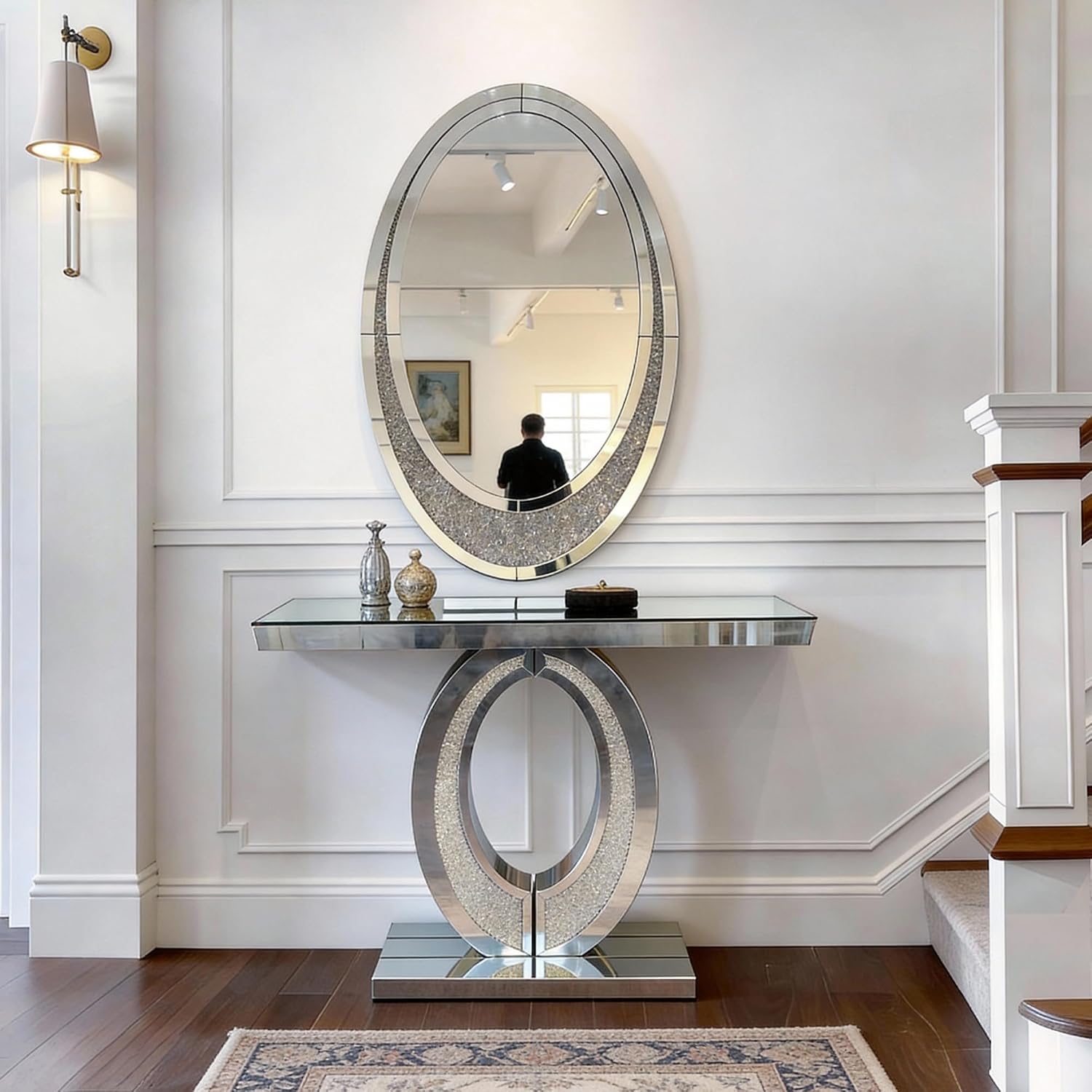 2 Piece Mirrored Console Table & Oval Wall Mirror Set, 39.5" Silver Entryway Sofa Table with Crystal-Inlaid Olive-Shape Base and Crush Diamond Round Wall Mirror Set for Entryway Hallway Entrance