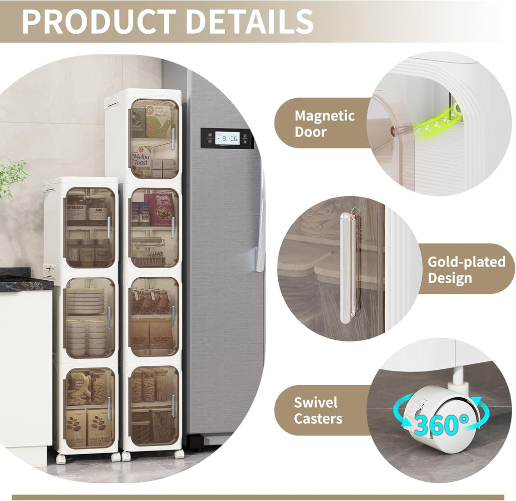 4 Tier Slim Bathroom Storage Cabinet, Foldable and Movable, White | Tools Free, ABS and PET, Magnetic Clear Door, Adjustable Shelves, Lockable Wheels, Water Resistant, For Narrow Space
