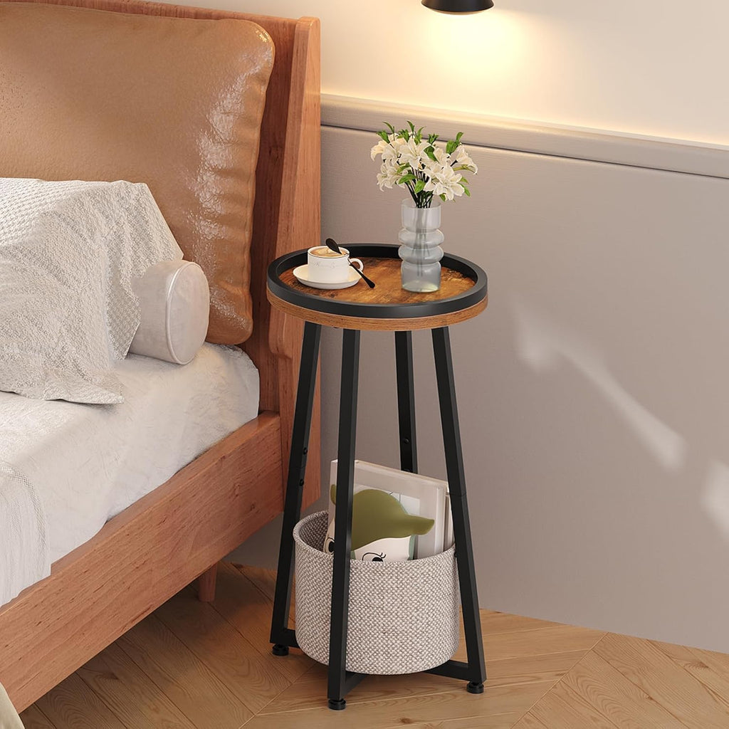 HOOBRO Small Round Side Table, 2-Tier Round Sofa End Table, Compact Nightstand with Cotton Linen Storage Basket, for Small Space, Living Room, Bedroom, Dorm, Rustic Brown BF183BZ01