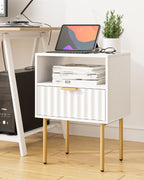 Night Stand,Modern Bedside Table with Drawer and Shelf,White Night Stand with Gold Frame,Small Side Table for Bedroom,Living Room
