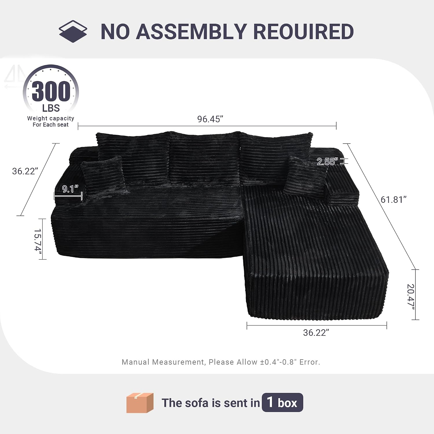 96" Cloud Sectional Couches for Living Room, L Shaped Couch with Deep Seat, Memory Foam Sofa in A Box No Assembly Required, Black