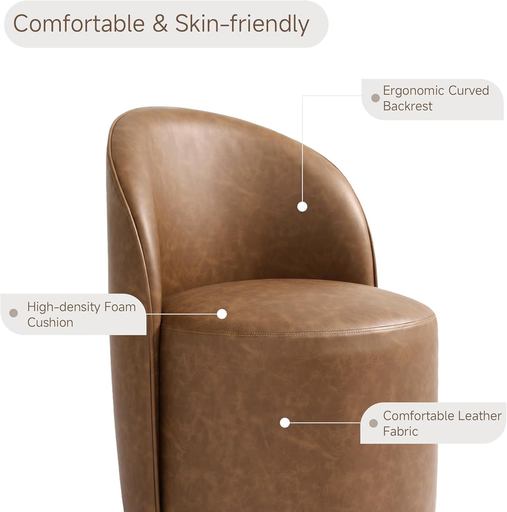 Swivel Barrel Dining Chairs, Faux Leather Upholstered Round Dining Chairs, 360° Swivel Vanity Chair Comfy Armless Accent Makeup Chair for Dining/Living Room Makeup Room, Brown