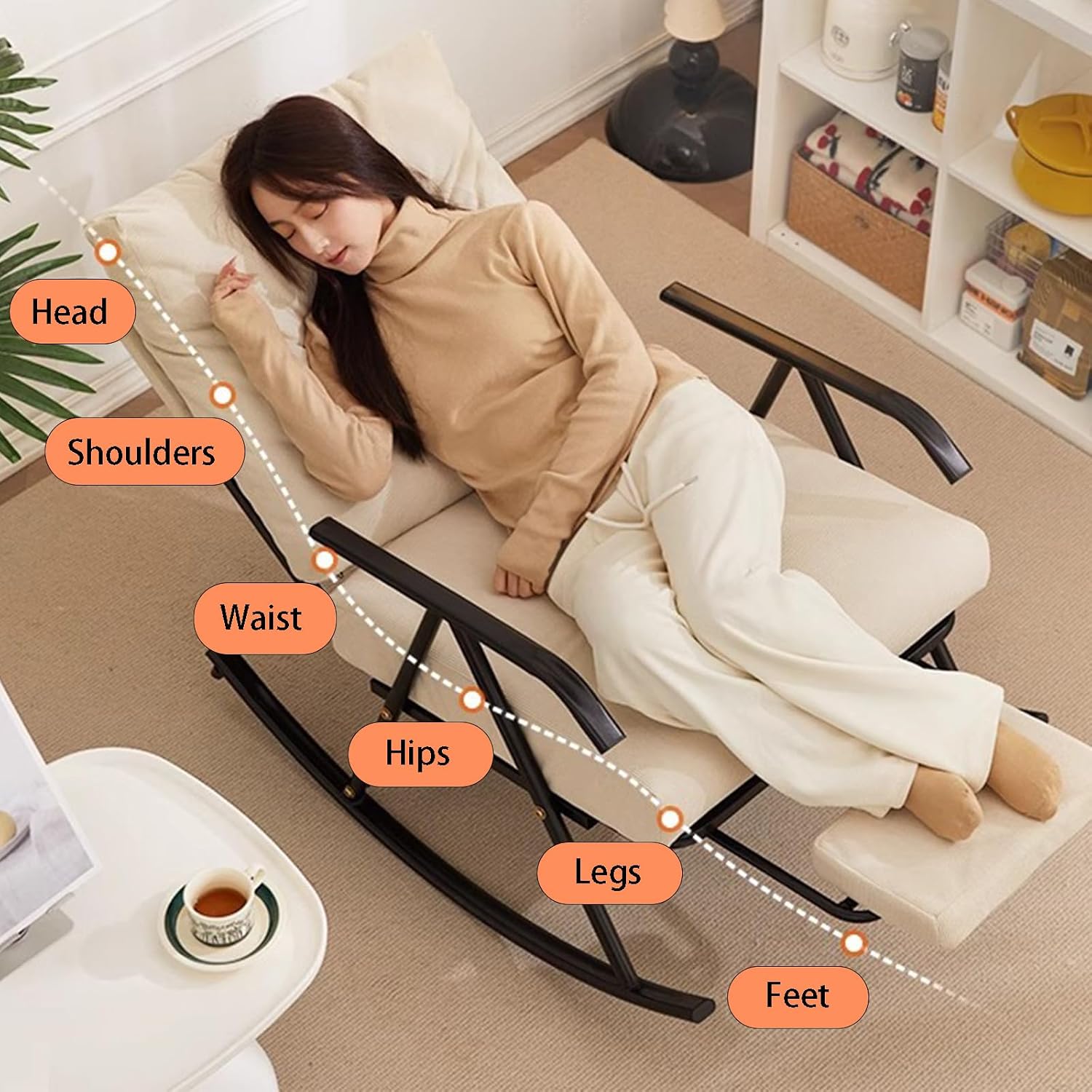 Single Rocking Chair with a Retractable footrest, Armchair with Adjustable backrest, Corduroy Upholstery, Suitable for Living Room, Balcony, and Bedroom Beige