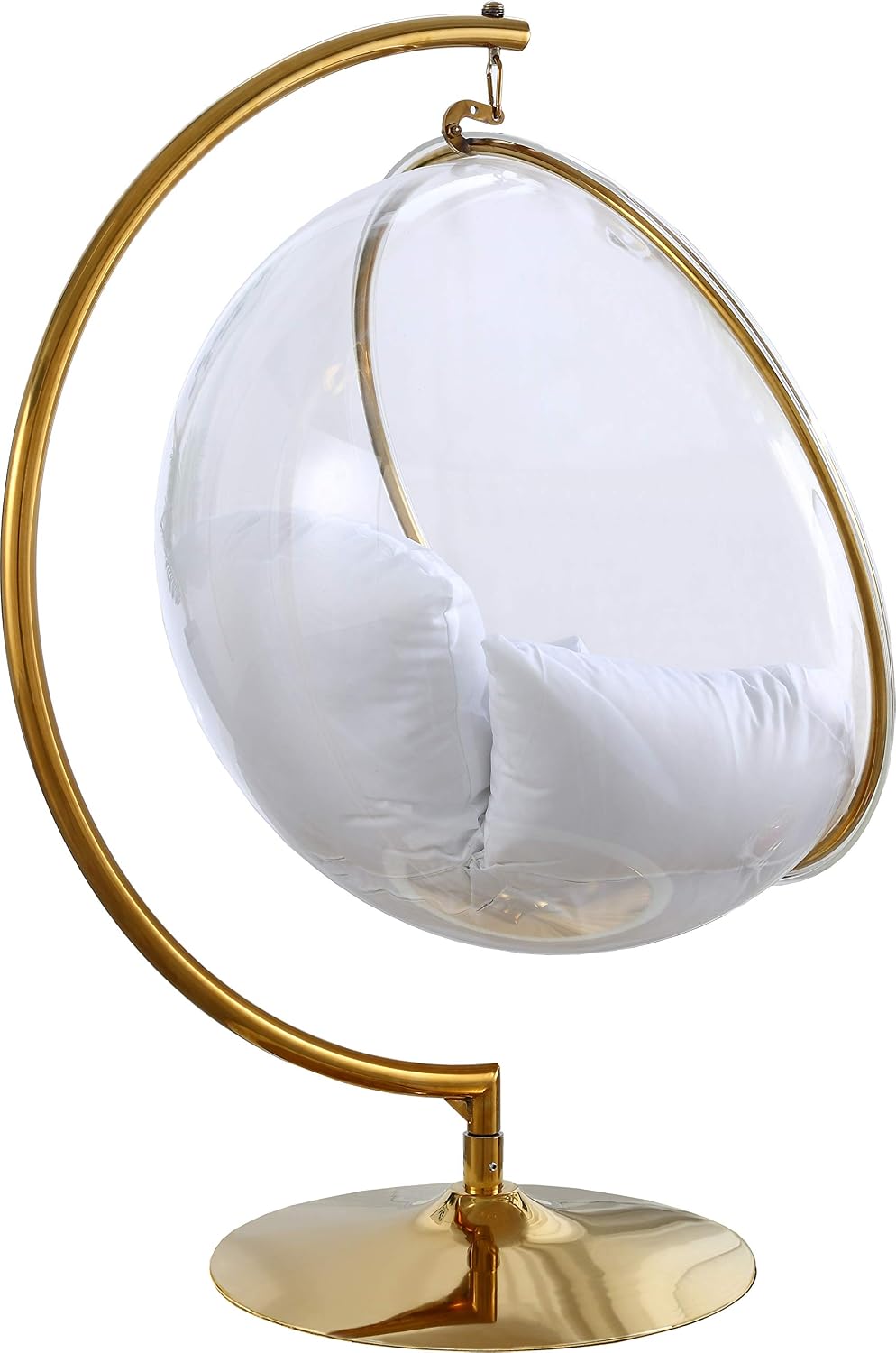 Meridian Furniture Luna Collection Modern | Contemporary Clear Acrylic Accent Swing Chair with Gold Metal Base and Durable Fabric Seat, 41.5" W x 29.5" D x 64" H, White