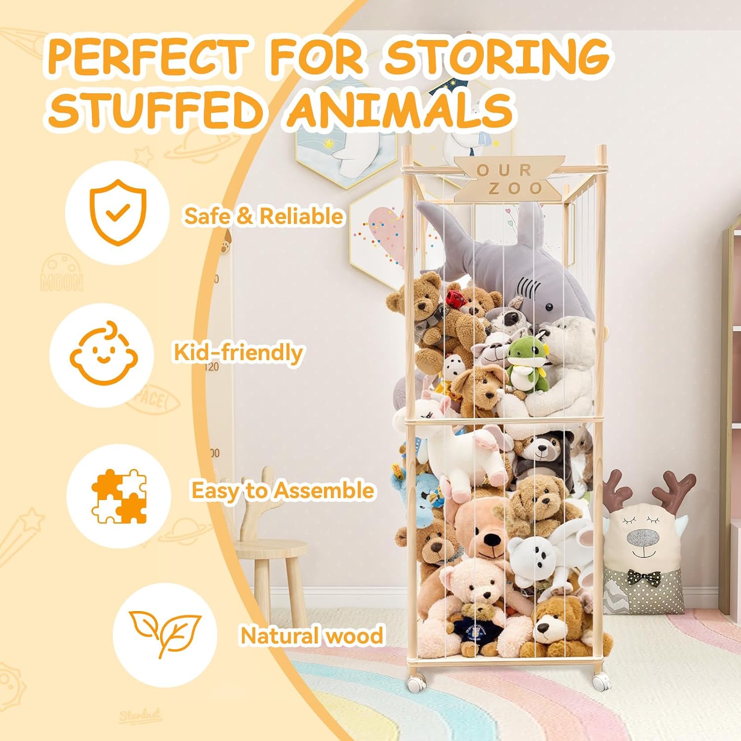 Stuffed Animal Storage Zoo with Wheels, Wooden Large Stuff Animals Plushies Holder, 22.5" D x 22.5" W x 64" H Toy Organizer Storage Cage with Elastic Band and Net for Nursery Playroom Bedroom