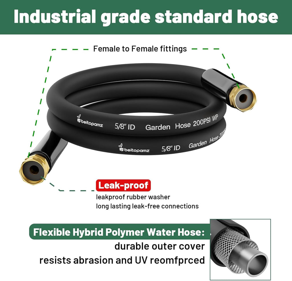 Short Garden Hose 10 ft x 5/8" Female to Female Hose Adapter, Heavy Duty Small Water Hose Extend Connector, Leak-Free Connections Hybrid Rubber Leader Hose with 3/4" Double GHT Fittings, BT10FF, Black