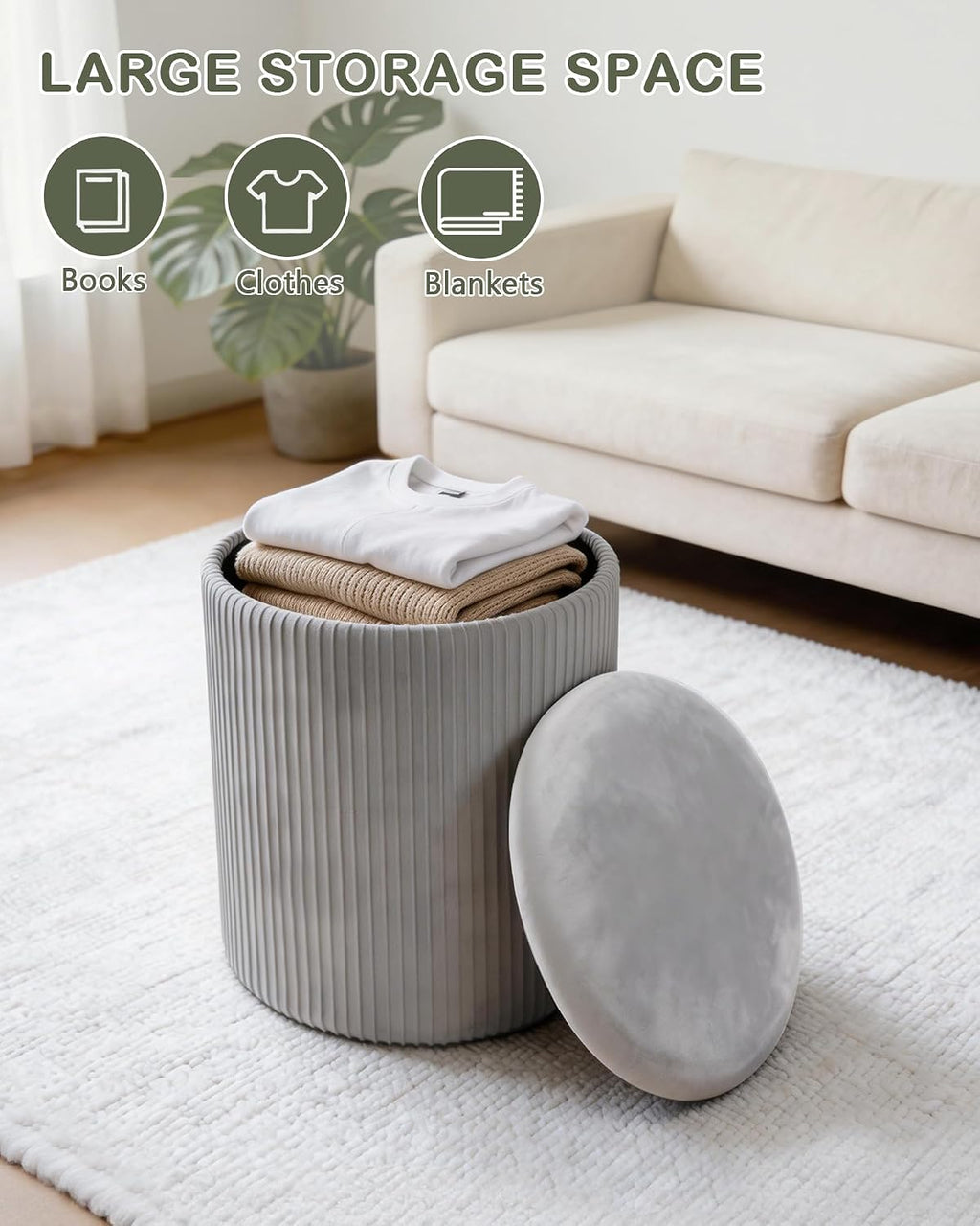 LITZFUR Round Ottoman with Storage, Velvet Foot Rest Stool, Grey | Versatile Upholstered Vanity Stool, Padded Folding Storage Ottoman for Living Room, Bedroom and Dorm