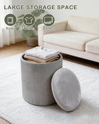 LITZFUR Round Ottoman with Storage, Velvet Foot Rest Stool, Grey | Versatile Upholstered Vanity Stool, Padded Folding Storage Ottoman for Living Room, Bedroom and Dorm