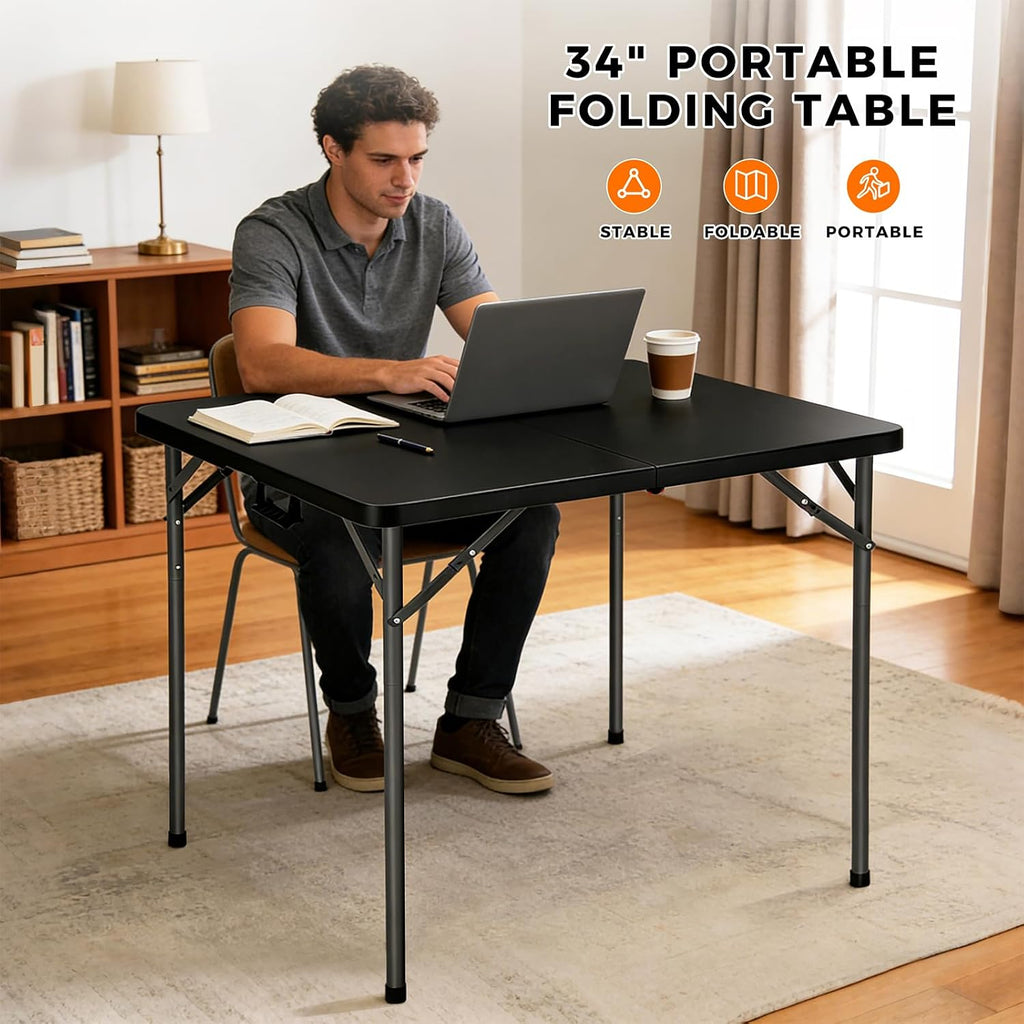 34" Square Folding Table, Portable Folding Card Table with Collapsible Legs & Carrying Handle, Plastic Tables for Camping,Picnic, Office, Party,Black