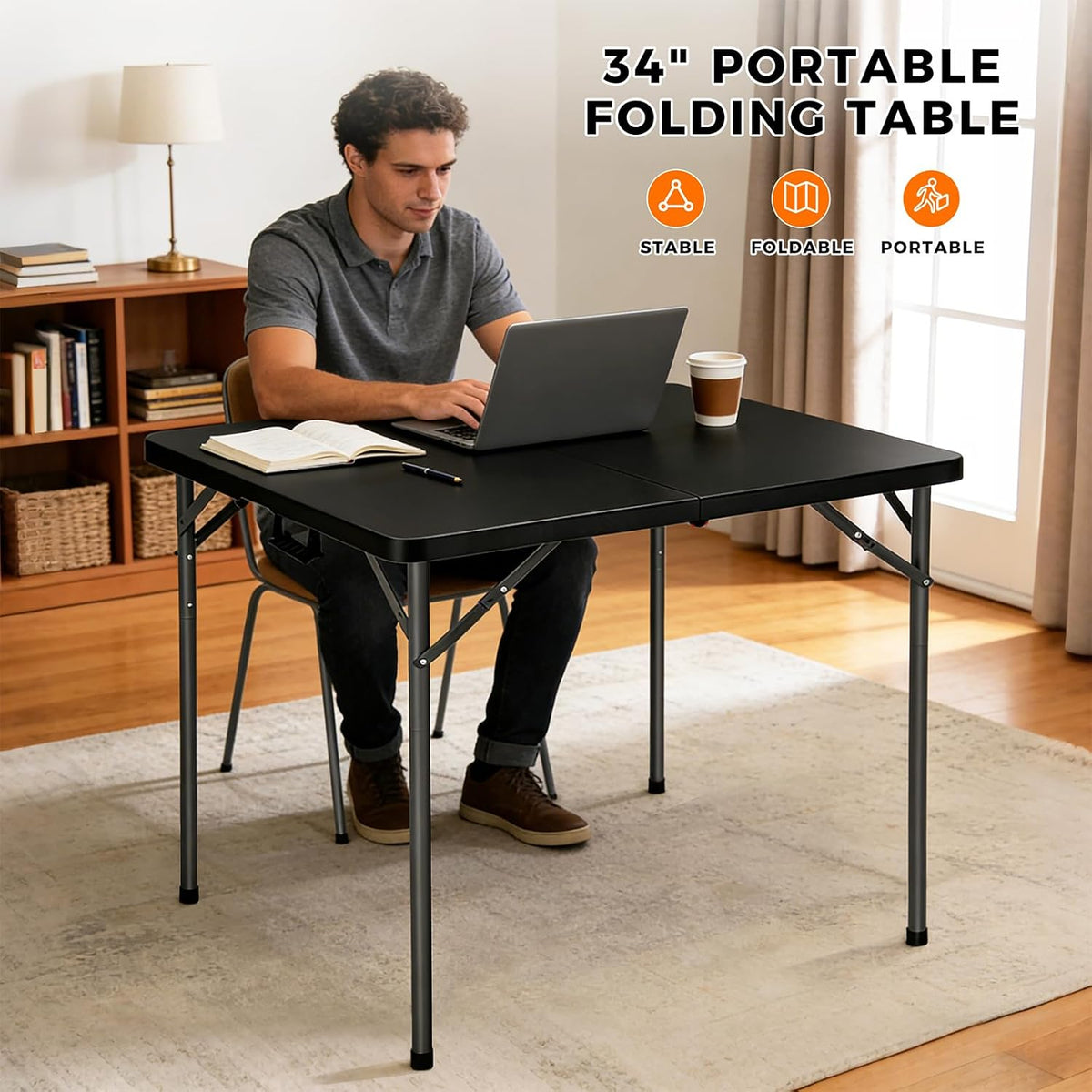 34" Square Folding Table, Portable Folding Card Table with Collapsible Legs & Carrying Handle, Plastic Tables for Camping,Picnic, Office, Party,Black