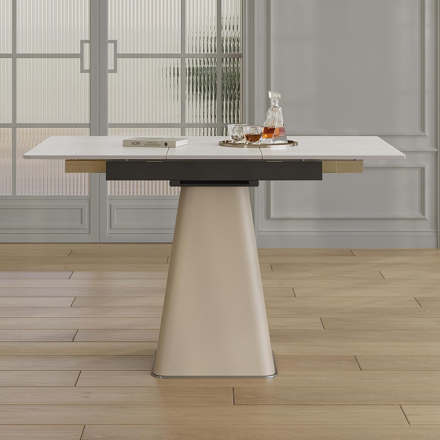 47.2" Retractable Rock Slab Folding Dining Table, Modern Expandable Kitchen Table with Leather-Wrapped Stainless Steel Base, Space Saving Square Dining Table for Small Apartments