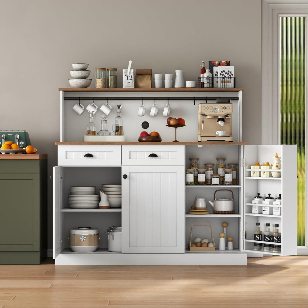 Gyfimoie Sideboard Buffet Cabinet with 2 Drawers, Farmhouse Kitchen Pantry with Adjustable Shelves, Coffee Bar Cupboard Cabinet with 3 Doors for Kitchen, Dining Room (White)