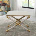 BOWERY HILL Contemporary Small Bench, 24"x17"x20.25", Iron Base Gold Leaf Finish, White Polyester Upholstery, Braided Rope Detailing, Living Room Seating or Accent Piece