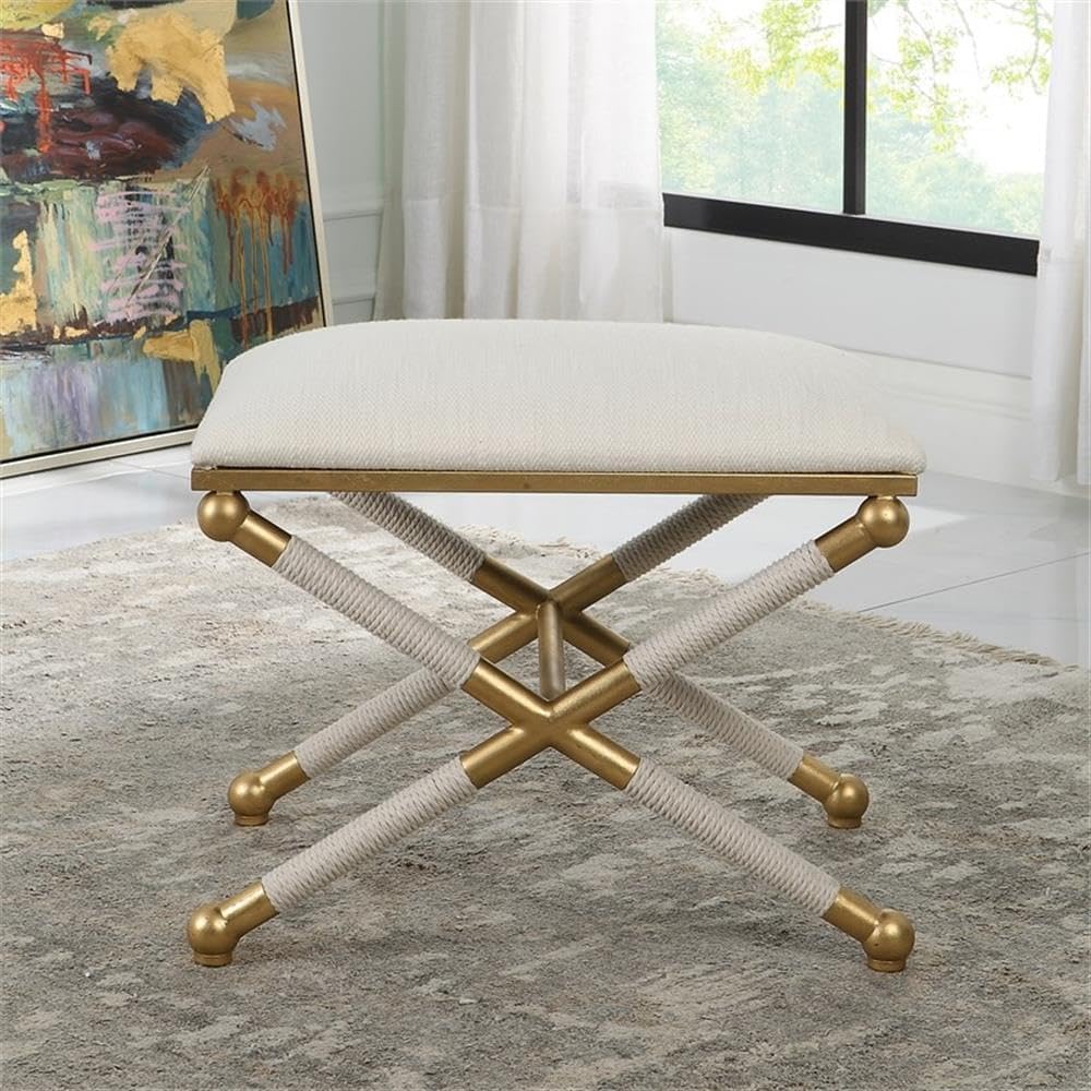 BOWERY HILL Contemporary Small Bench, 24"x17"x20.25", Iron Base Gold Leaf Finish, White Polyester Upholstery, Braided Rope Detailing, Living Room Seating or Accent Piece