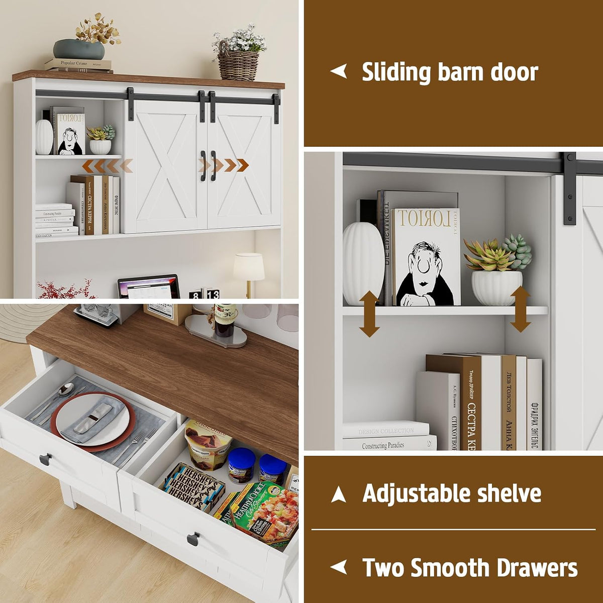Vabches 67.7 Inch Farmhouse Pantry Storage Cabinet with Sliding Barn Doors, 2 Drawer Farmhouse Coffee Cabinet with Adjustable Shelf, Side Board with Buffet Cupboard for Kitchen, Livingroom, White