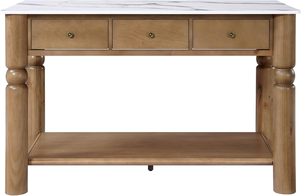 Christopher Knight Home Athen Wooden Kitchen Island with Storage & Marble-Look Tabletop, Island Table for Kitchen, Turned Ball Legs, Storage Cabinet with Drawers + Open Shelf, Walnut + White