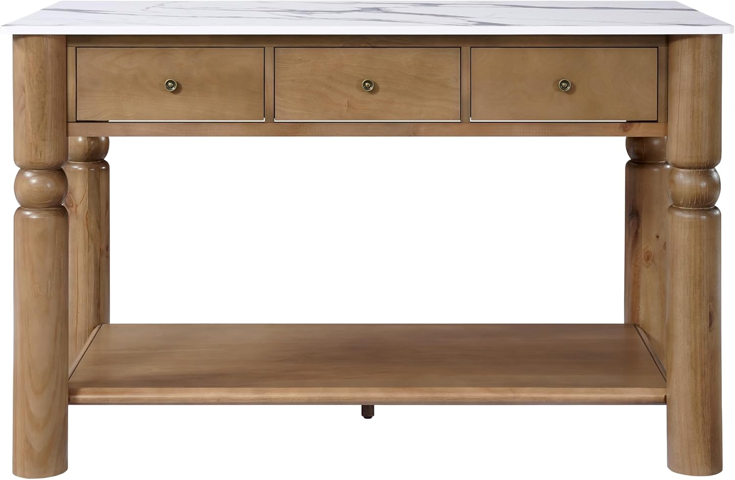Christopher Knight Home Athen Wooden Kitchen Island with Storage & Marble-Look Tabletop, Island Table for Kitchen, Turned Ball Legs, Storage Cabinet with Drawers + Open Shelf, Walnut + White