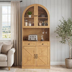 75" Farmhouse Tall Arched Pantry Cabinet with Charging Station, Adjustable Shelves, Coffee Bar Open Countertop, Oak (Oak + MDF)
