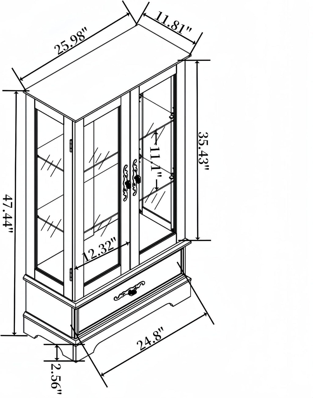 47" Lighted Glass Accent Curio Cabinet, 3-Tier Antique Storage Cage with Adjustable Shelves & Drawer, Acrylic Mirrored Pane, Light Blub Included, Small China Cabinet for Living Room/Kitchen (Black)