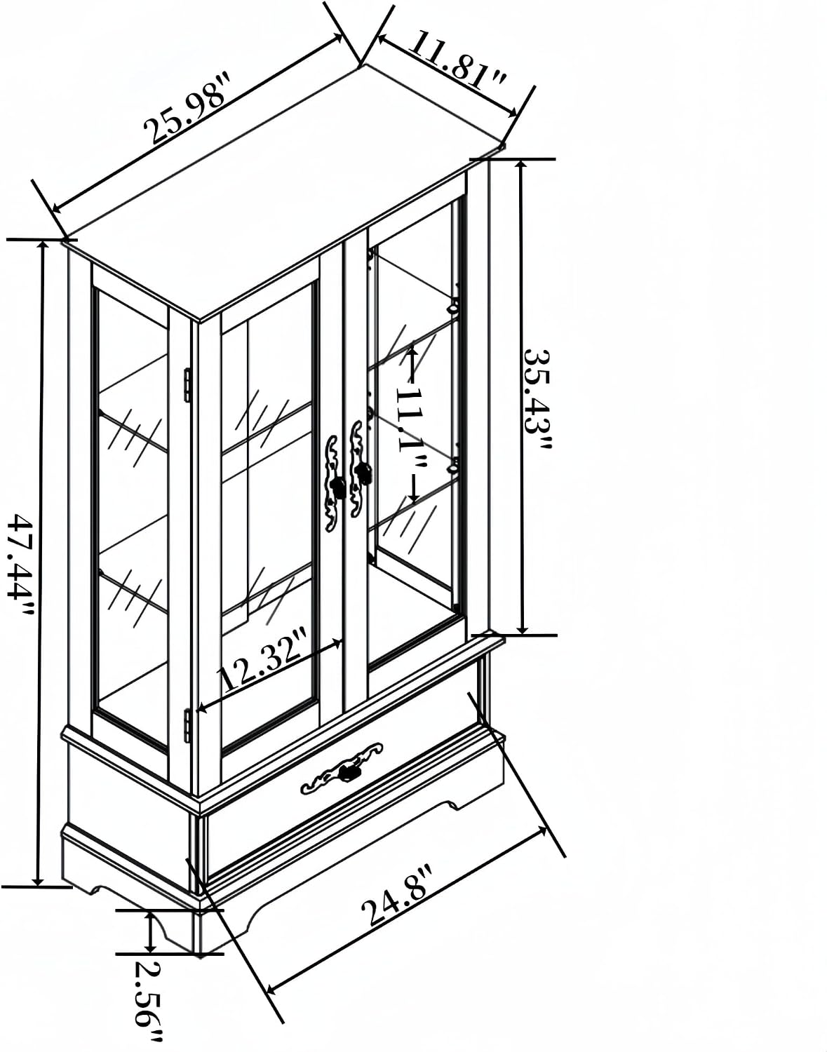 47" Lighted Glass Accent Curio Cabinet, 3-Tier Antique Storage Cage with Adjustable Shelves & Drawer, Acrylic Mirrored Pane, Light Blub Included, Small China Cabinet for Living Room/Kitchen (Black)