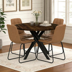 44" Round Dining Table Set for 4, Modern X-Shaped Metal Leg Table | Cushioned Cozy Brown Chairs of 4, Mid-Century Walnut Tabletop, Dinette set for Kitchen, Dining Room & Apartments