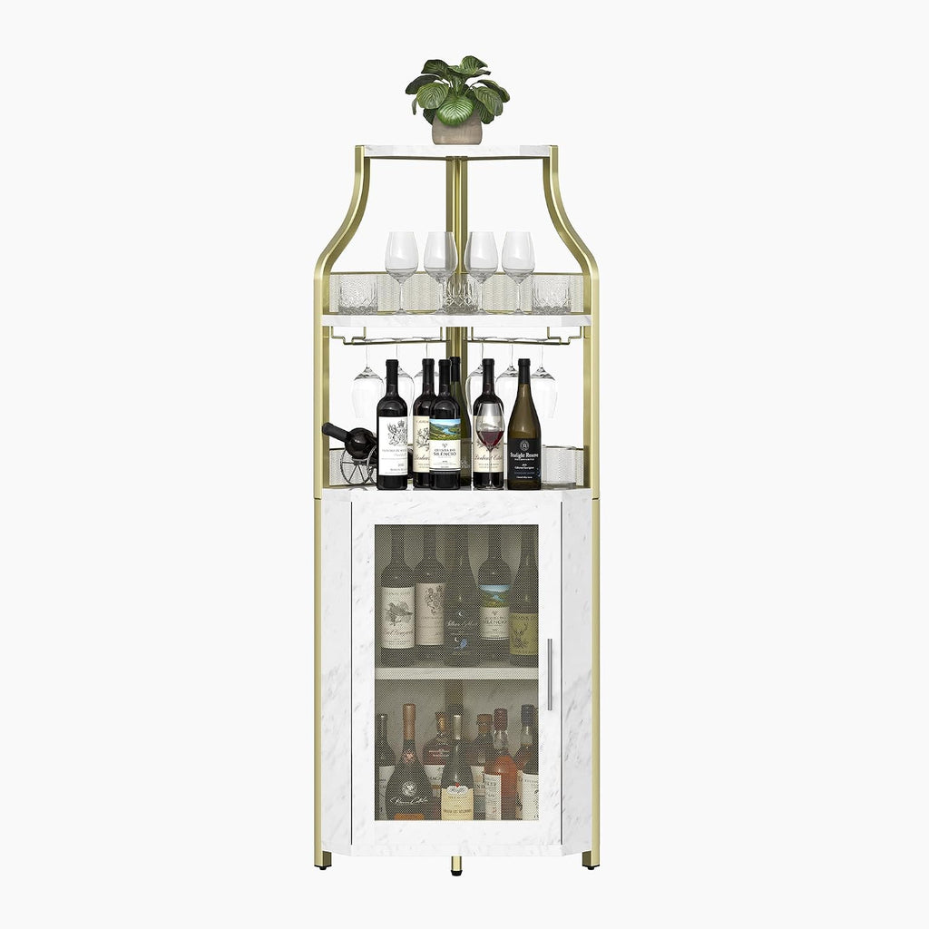 GarveeHome Corner Wine Cabinet with Detachable Wine Rack, 5-Tier Industrial Corner Bar Cabinet with Barn Door and Glass Holder, Farmhouse Buffet Cabinet and Home Bar, Gold