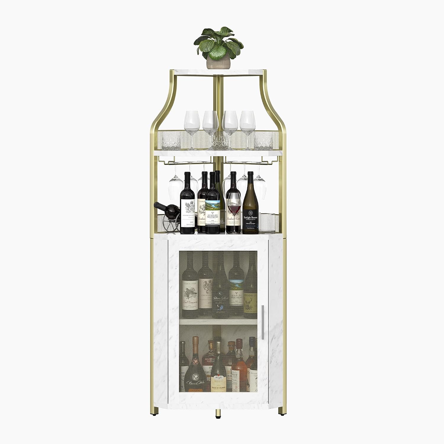GarveeHome Corner Wine Cabinet with Detachable Wine Rack, 5-Tier Industrial Corner Bar Cabinet with Barn Door and Glass Holder, Farmhouse Buffet Cabinet and Home Bar, Gold