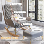 Oversized Rocking Chair with Cushion, Modern Accent Rocking Chair with PU and Solid Wood Legs, Rocking Chairs with Ottoman, Honeycomb Three-Dimensional Backrest for Bedroom, Living Room(Black)