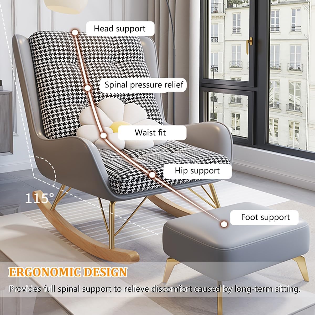 Oversized Rocking Chair with Cushion, Modern Accent Rocking Chair with PU and Solid Wood Legs, Rocking Chairs with Ottoman, Honeycomb Three-Dimensional Backrest for Bedroom, Living Room(Black)