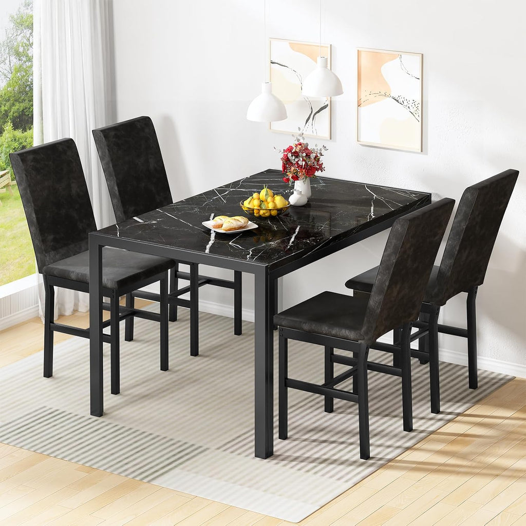 AWQM Products 5-Piece Marble Dining Set, Modern Kitchen Table and Chairs for Dining Room, Compact Space Saving Furniture, Dinette, 4 Upholstered Velvet Chairs - Black