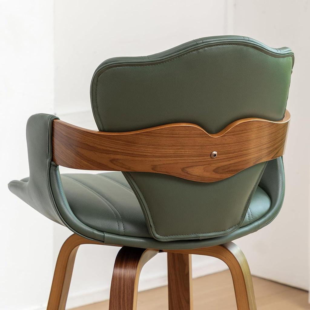 24.8" Swivel Bar Stools Set of 3,Mid Century Modern Counter Height Bar Stools,Green Upholstered Faux Leather Counter Stools with Arms and Fishtail-shaped Back,Walnut Wood Frame Home Bar Chair
